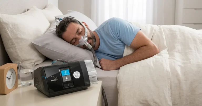 Automatyczny aparat CPAP z nawilżaczem do leczenia bezdechu sennego.