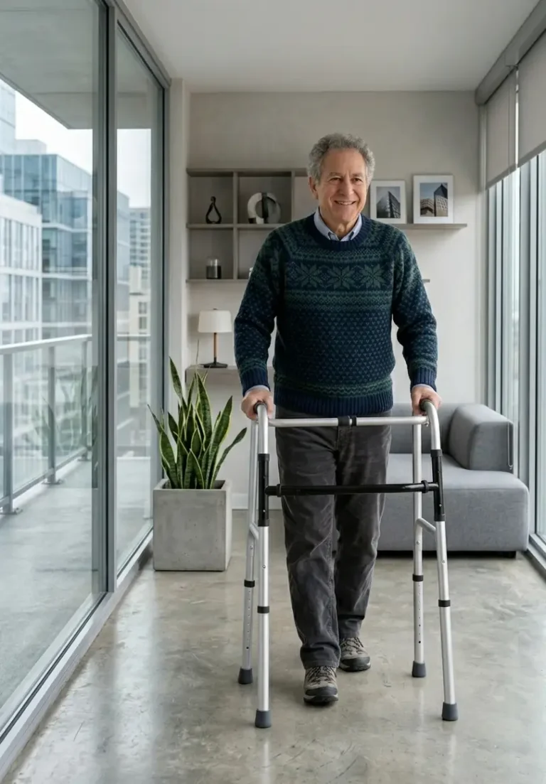 Aluminiowy balkonik sztywny standardowy dla seniora – bezpieczna pomoc przy nauce chodzenia.