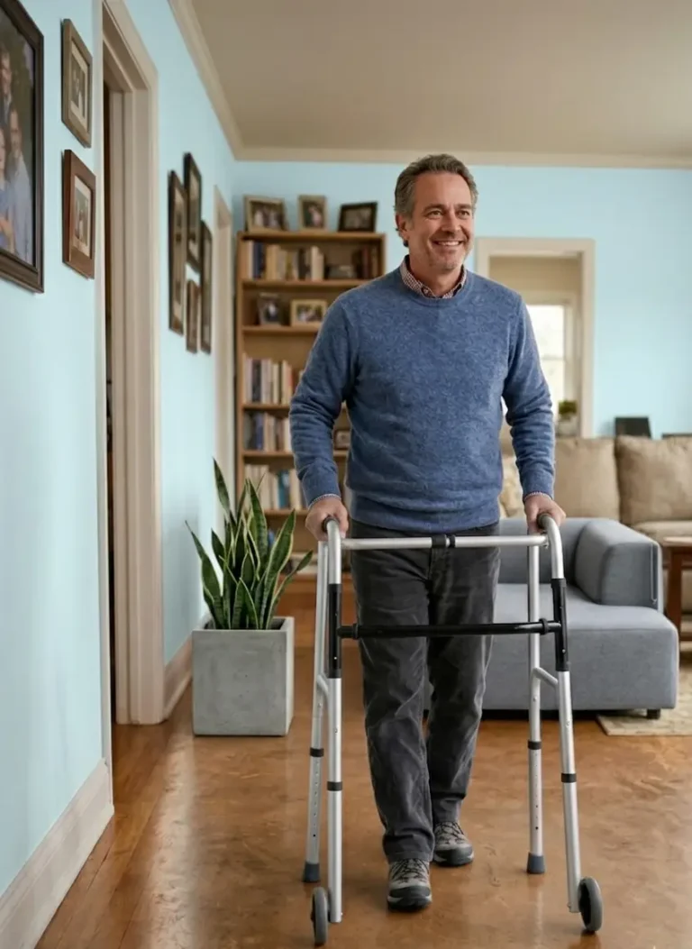 Uśmiechnięty senior ćwiczący chodzenie w domu przy użyciu stabilnego balkonika rehabilitacyjnego.