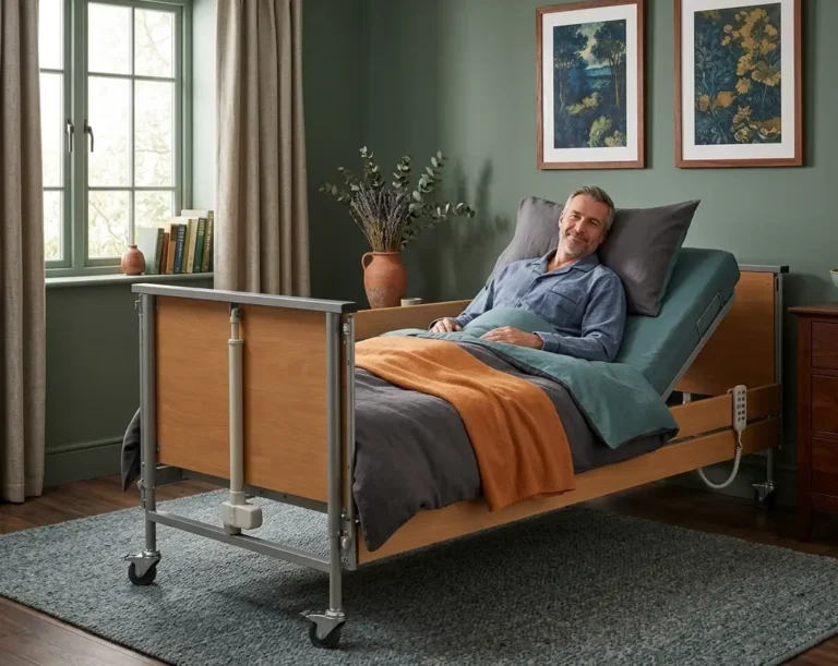Elektrycznie regulowane łóżko rehabilitacyjne z pilotem i wysięgnikiem – oferta wynajmu Rehab-Sowilo